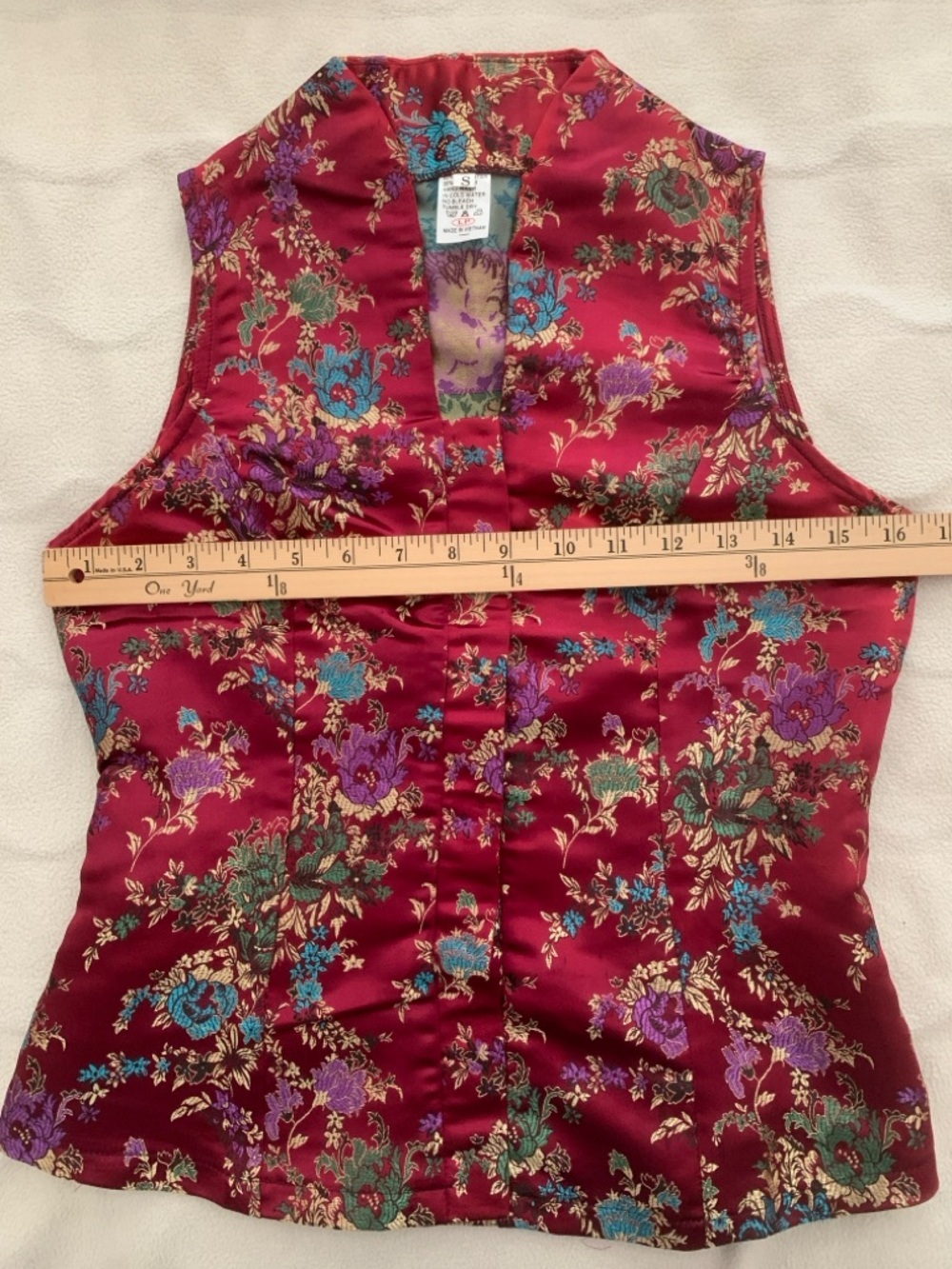 Vintage Red Floral Brocade Sleeveless Satin Top Cheongsam V-Neck Blouse S - Picture 6 of 9